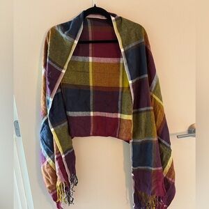 Vibrant Warm Autumnal Tone Plaid Scarf with Fringe